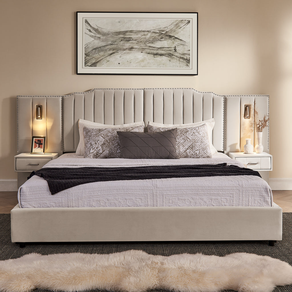 Front view of king upholstered bed frame with vertical stripe headboard, built-in lighting, and solid platform base for luxury bedrooms.