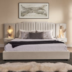 Front view of king upholstered bed frame with vertical stripe headboard, built-in lighting, and solid platform base for luxury bedrooms.