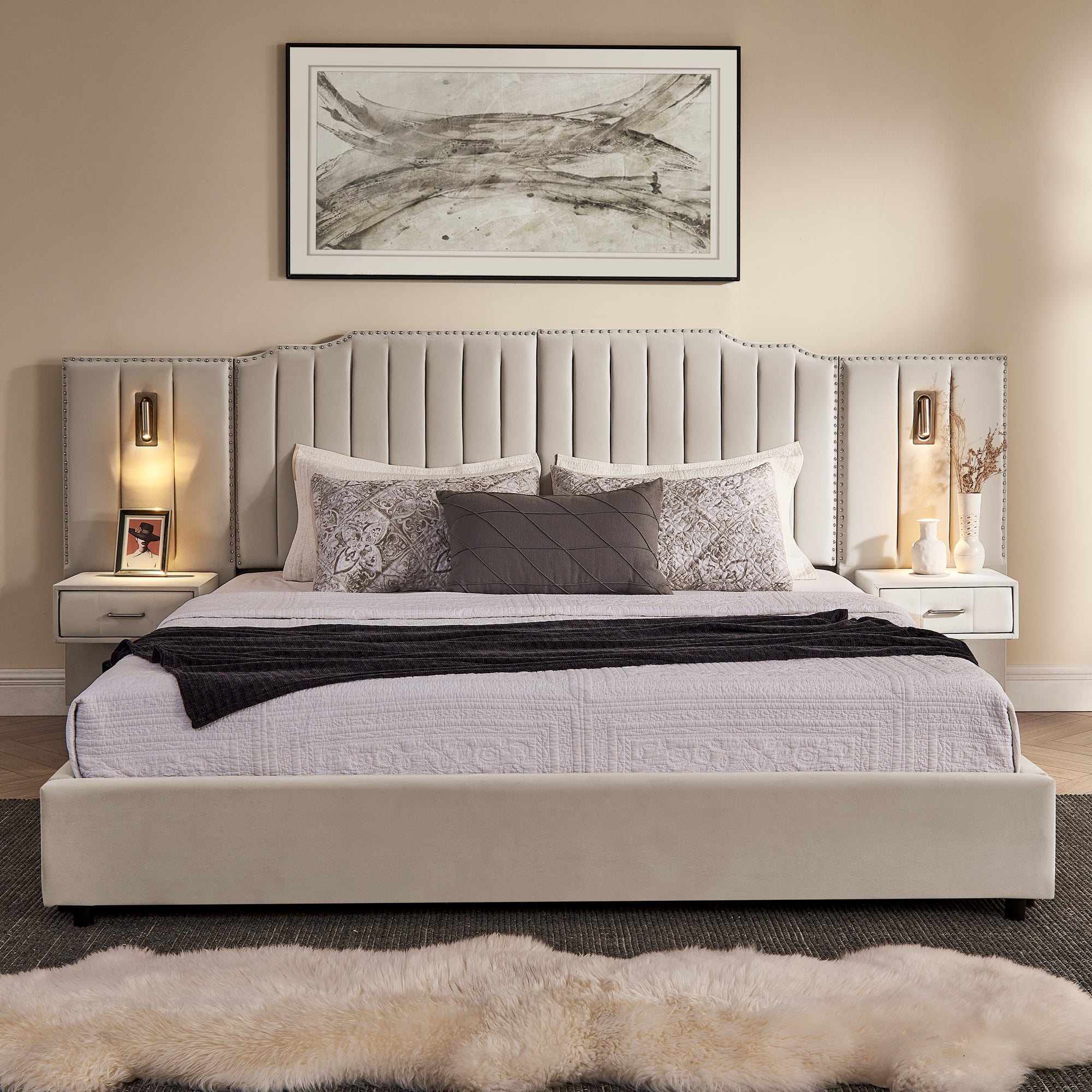 Front view of king upholstered bed frame with vertical stripe headboard, built-in lighting, and solid platform base for luxury bedrooms.