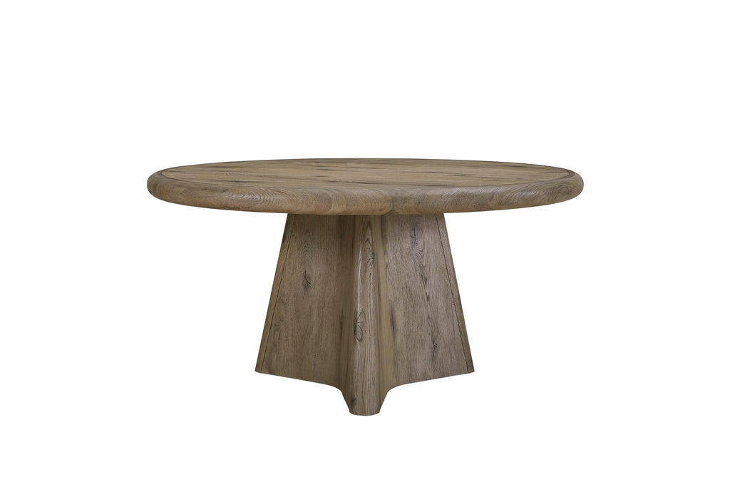 Oak Round Dining Table - English Knotty Oak with sculpted pedestal base, 60-inch solid wood top for rustic dining spaces.