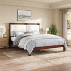 Queen Size Espresso Wood Platform Bed with Beige Velvet Headboard