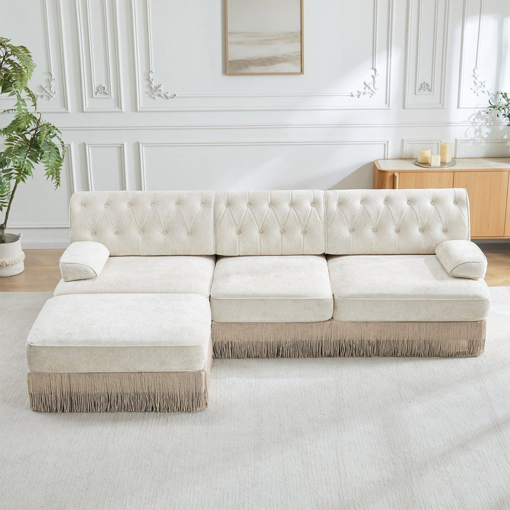 Modular Sectional Sofa in Beige with Button Tufting.