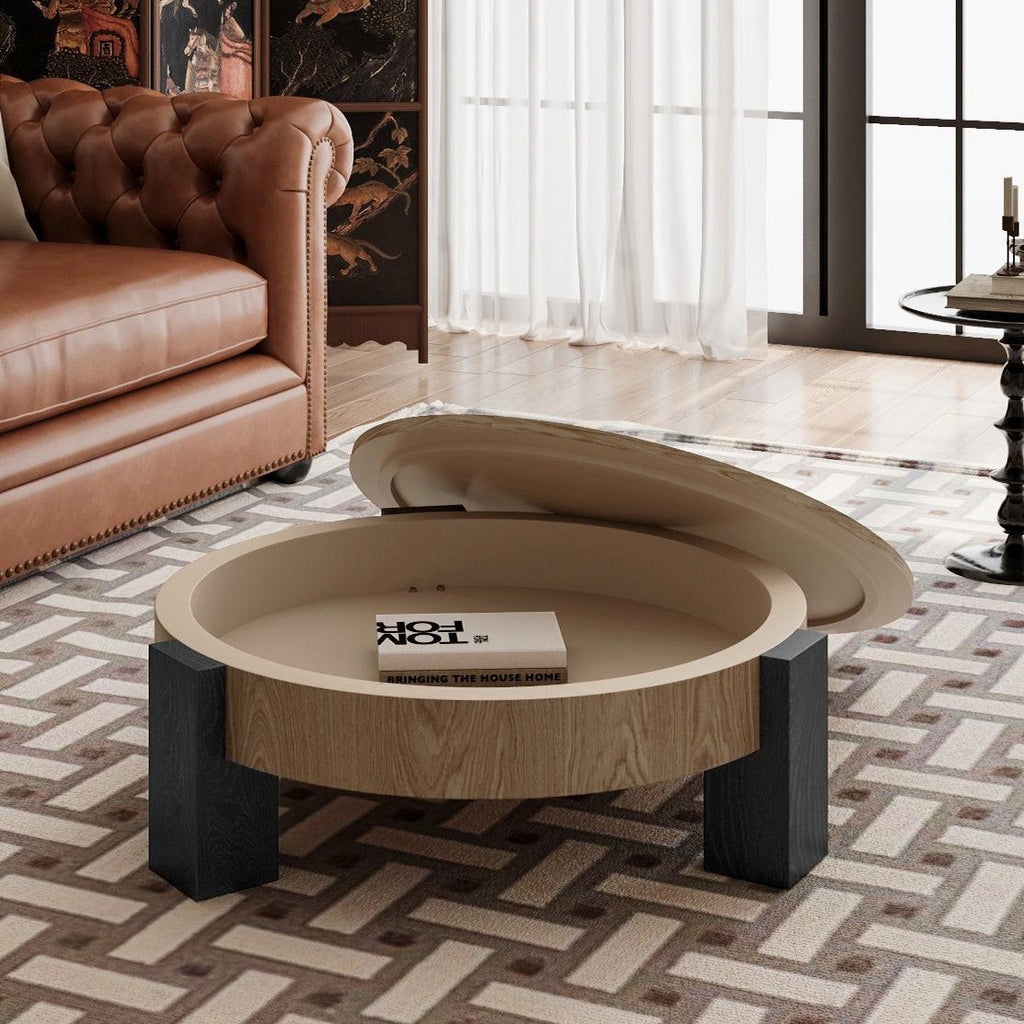 33'' Round Coffee Table with Hidden Storage for Small Spaces.