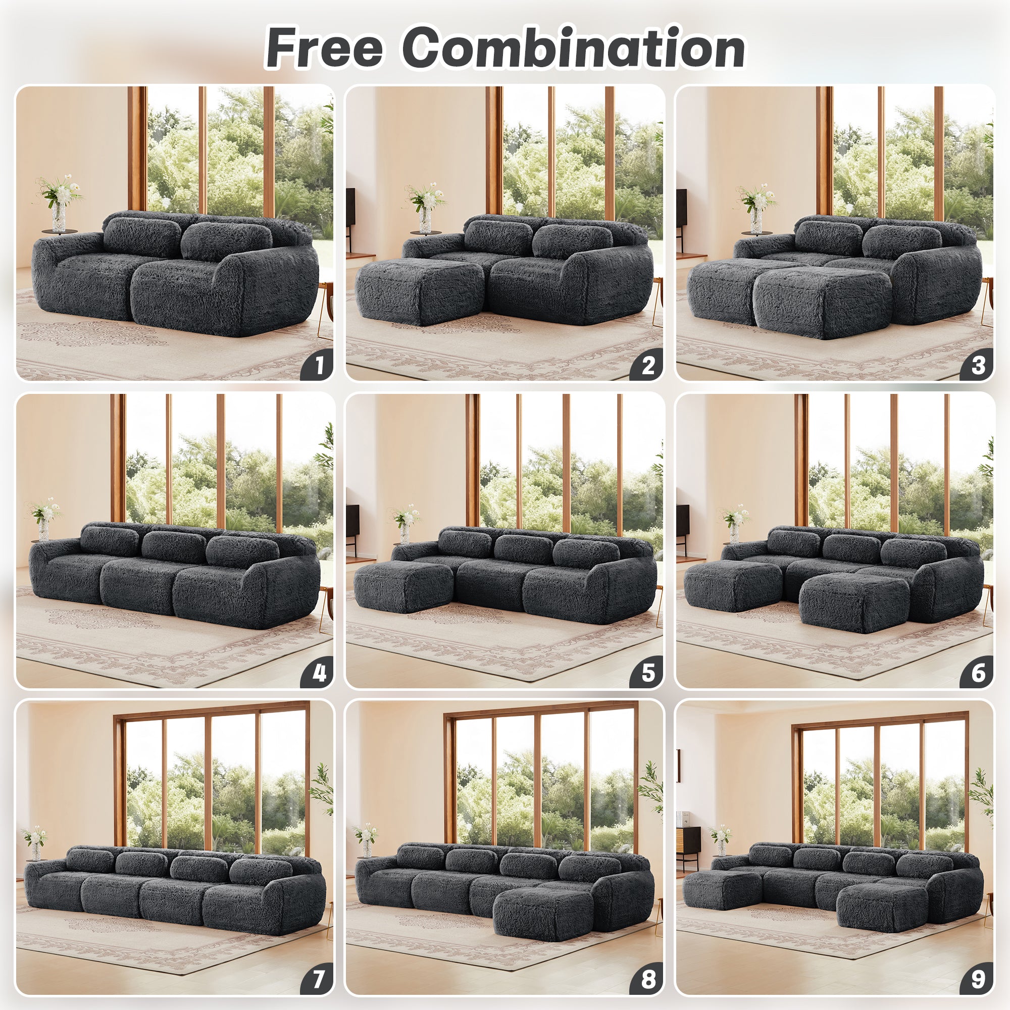 Nine layout combinations of Dark Grey Modular Sofa showcasing its versatile modular design for customizable seating.
