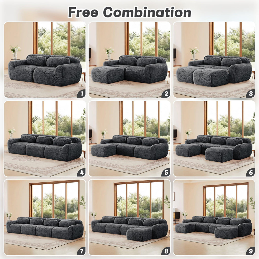 Modular 3-Seater Plush Sofa with Movable Ottoman - Dark Grey.