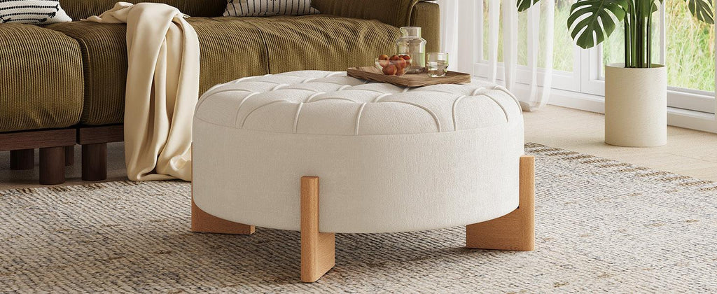 32' Round Tufted Ottoman - Elegant Chenille Coffee Table.