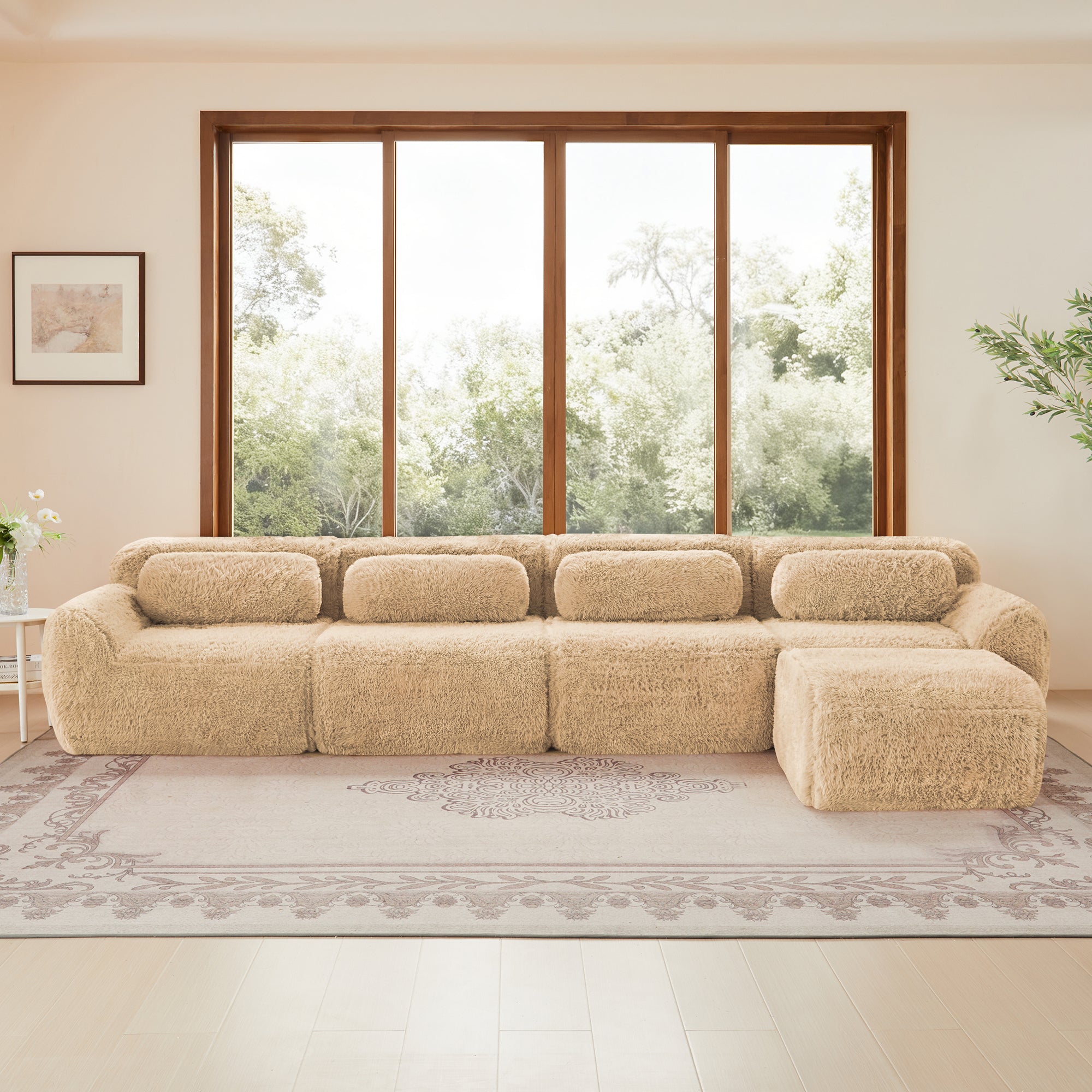 Light khaki Modular L-shaped Sofa with plush fabric and no assembly, featuring a long backrest and spacious seating for comfort.