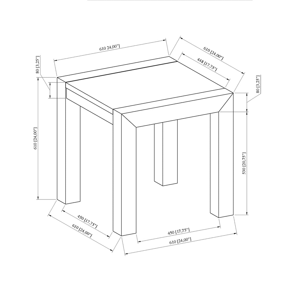 Technical drawing of Ana Beige End Table with detailed dimensions. Square marble top and wood base design for modern living spaces.