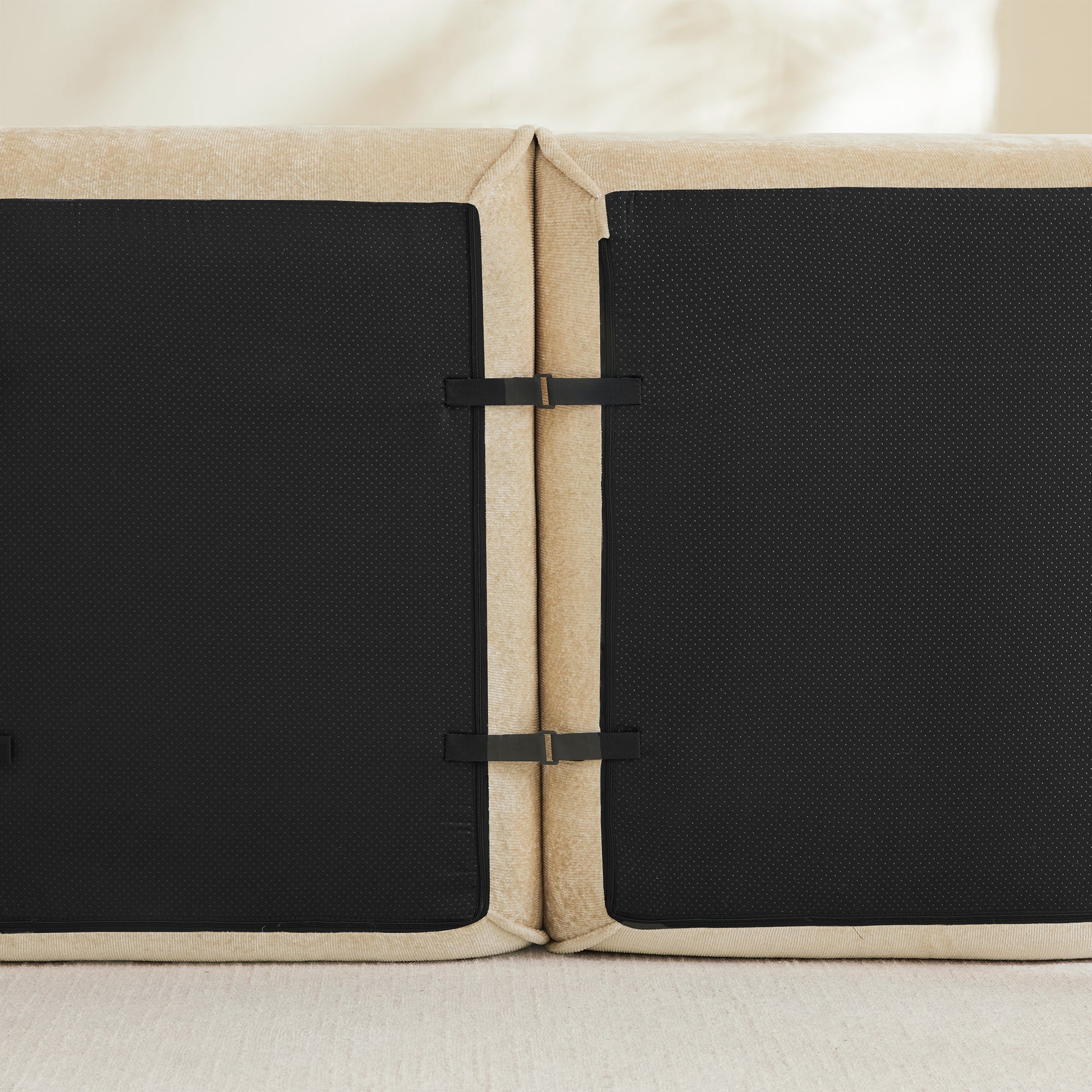 Close-up of Velvet L Shape Modular Sofa connectors showing secure no-assembly design for easy configuration and unmatched comfort.