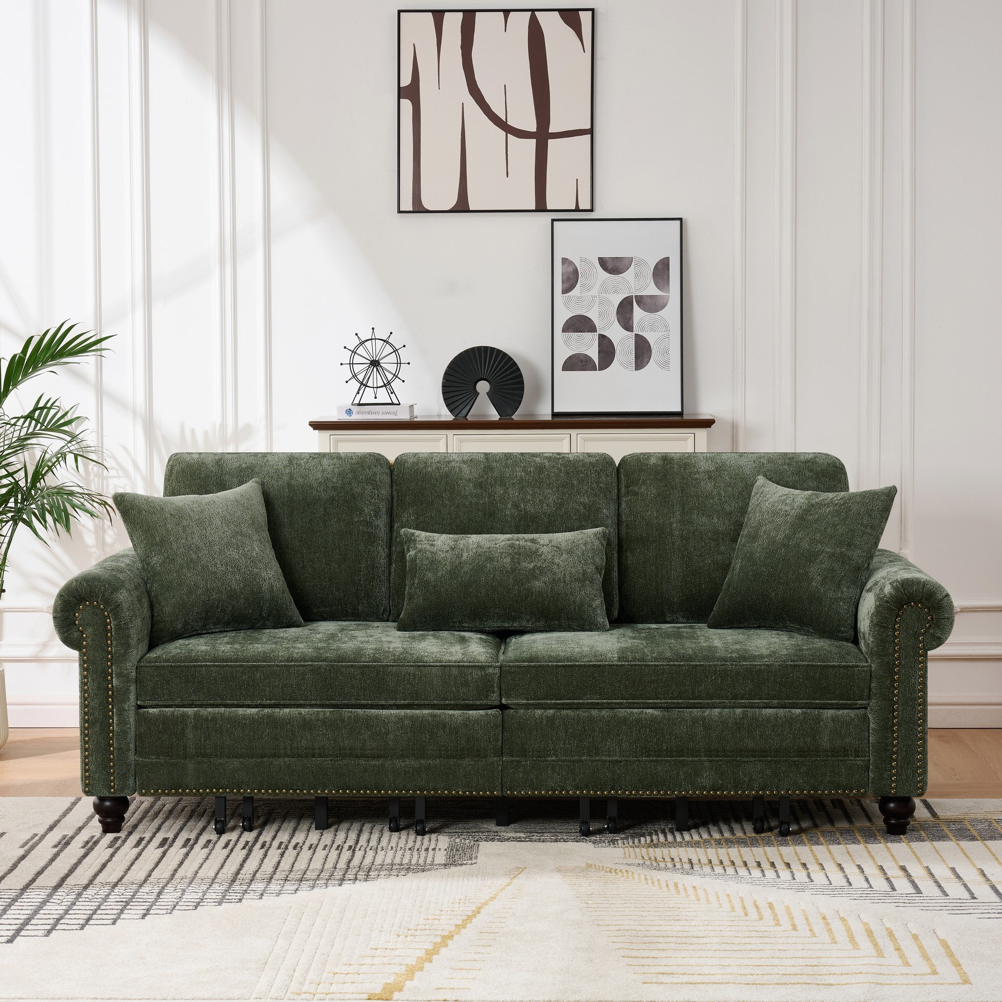 86-Inch Green Chenille King Pull Out Sofa Bed with Nailhead Trim