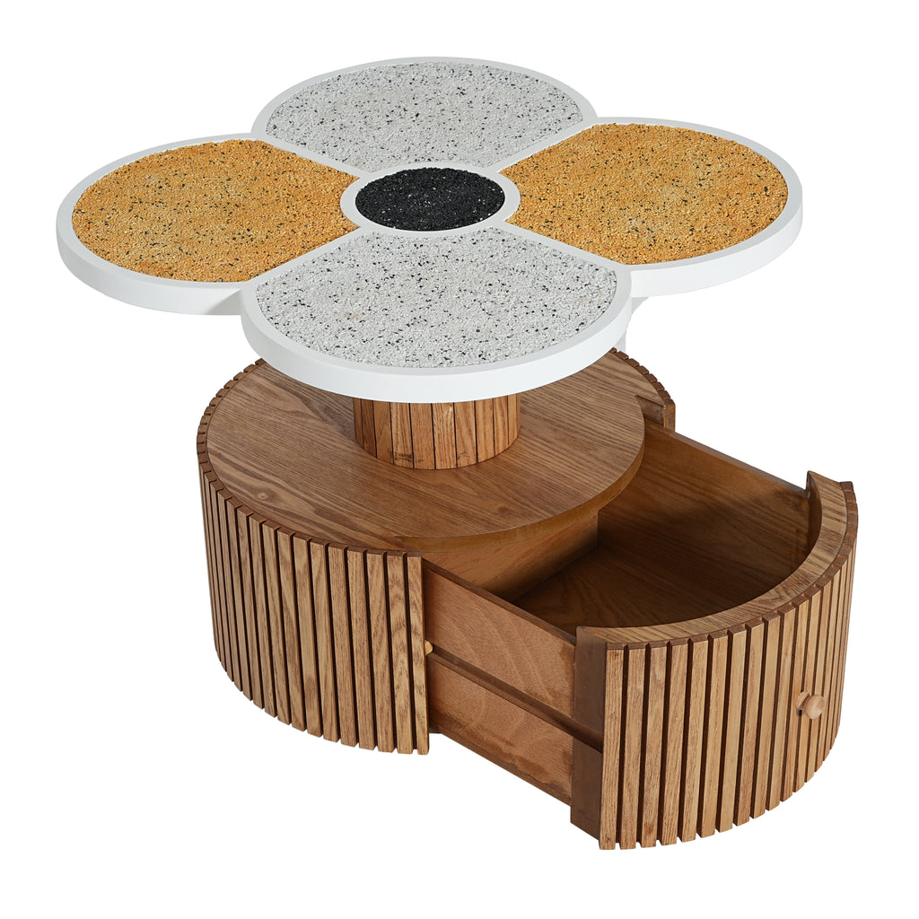 Four-Leaf Clover Accent Table with open curved drawer, showcasing internal storage and artistic terrazzo tabletop design.