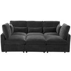 Modern black chenille modular sectional sofa with plush cushions, USB ports, and a built-in phone holder arm.