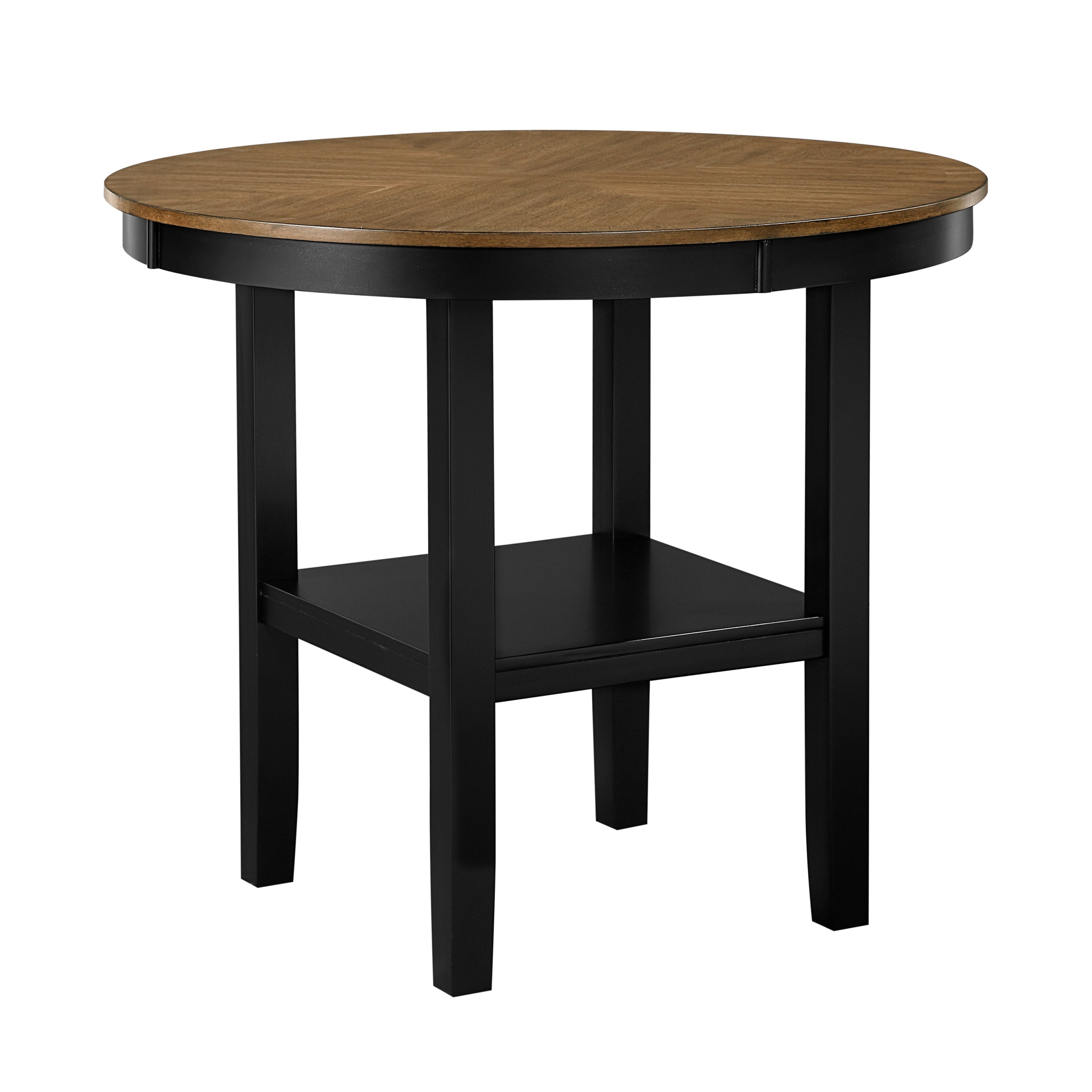 Round counter height dining table with black legs and wood grain top, featuring a central storage shelf for added functionality.
