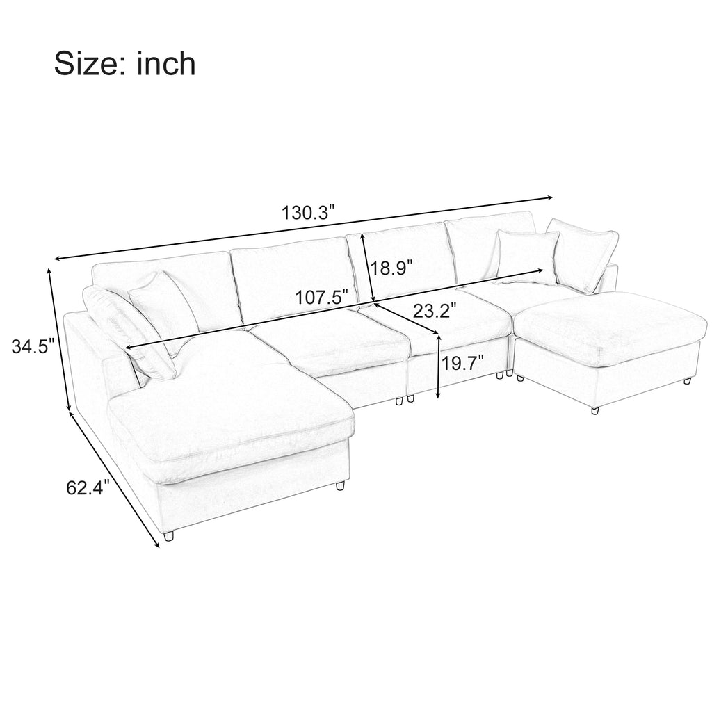 Dimension diagram of U_STYLE U-shaped sectional sofa with 2 ottomans, showing measurements in inches for each section.