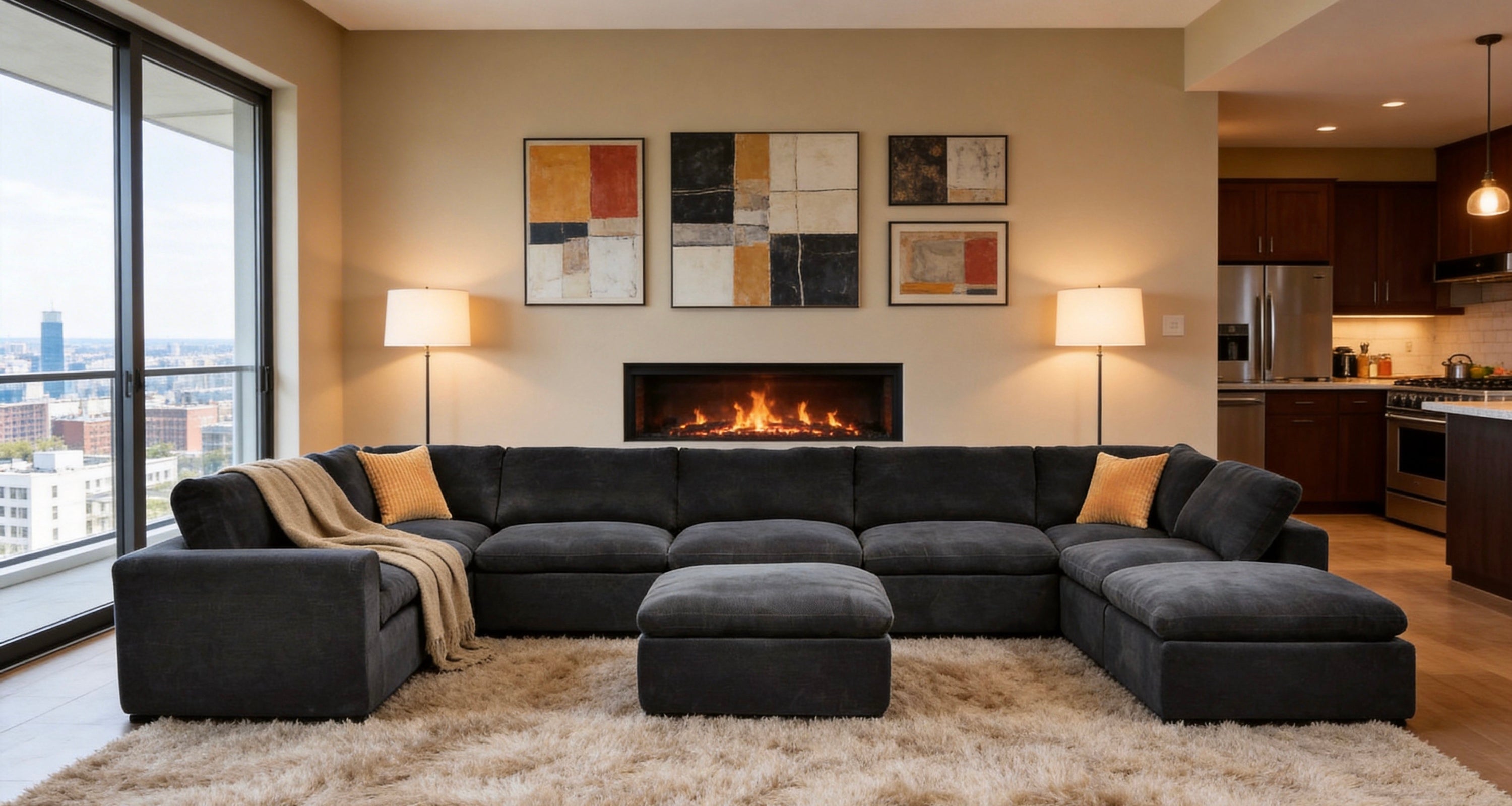 Dark charcoal, modular sectional sofa with coffee-bean-like upholstery, matching ottoman, and yellow toss pillows.