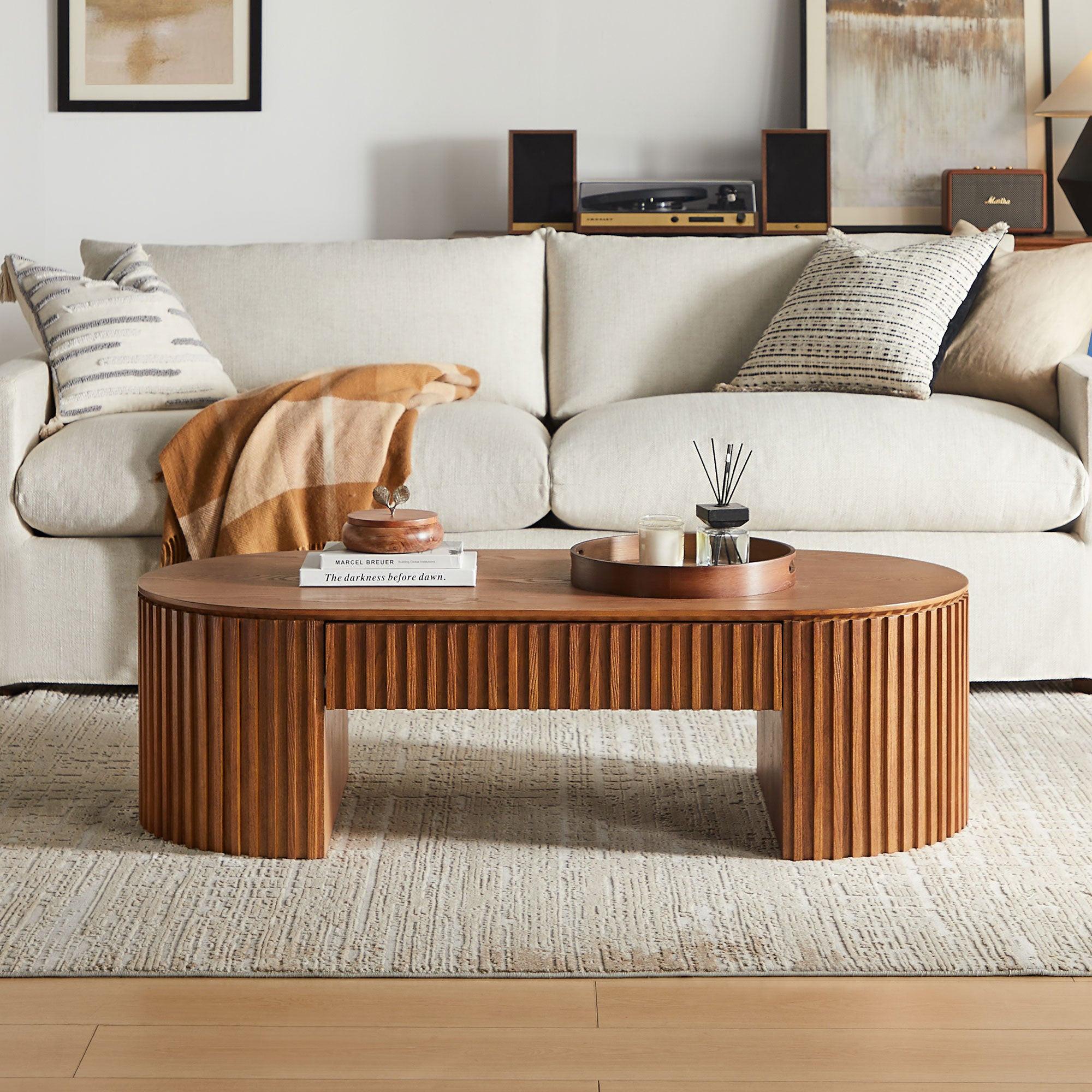 Oval Wood Coffee Table with Drawer for Living Room.