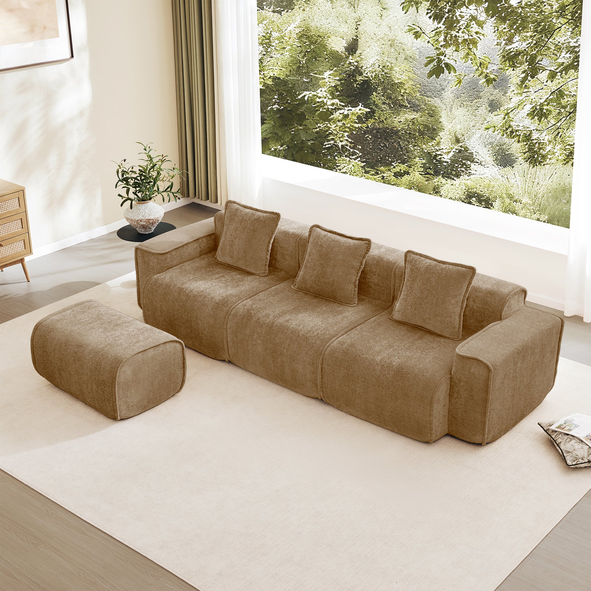 Velvet Modular Sectional Sofa - L Shape with ottoman and pillows in a sunlit living room. No assembly needed, ideal for modern interiors.