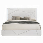 Modern King Bed with LED lighting and geometric embossed design, featuring a sleek white and silver high gloss finish.