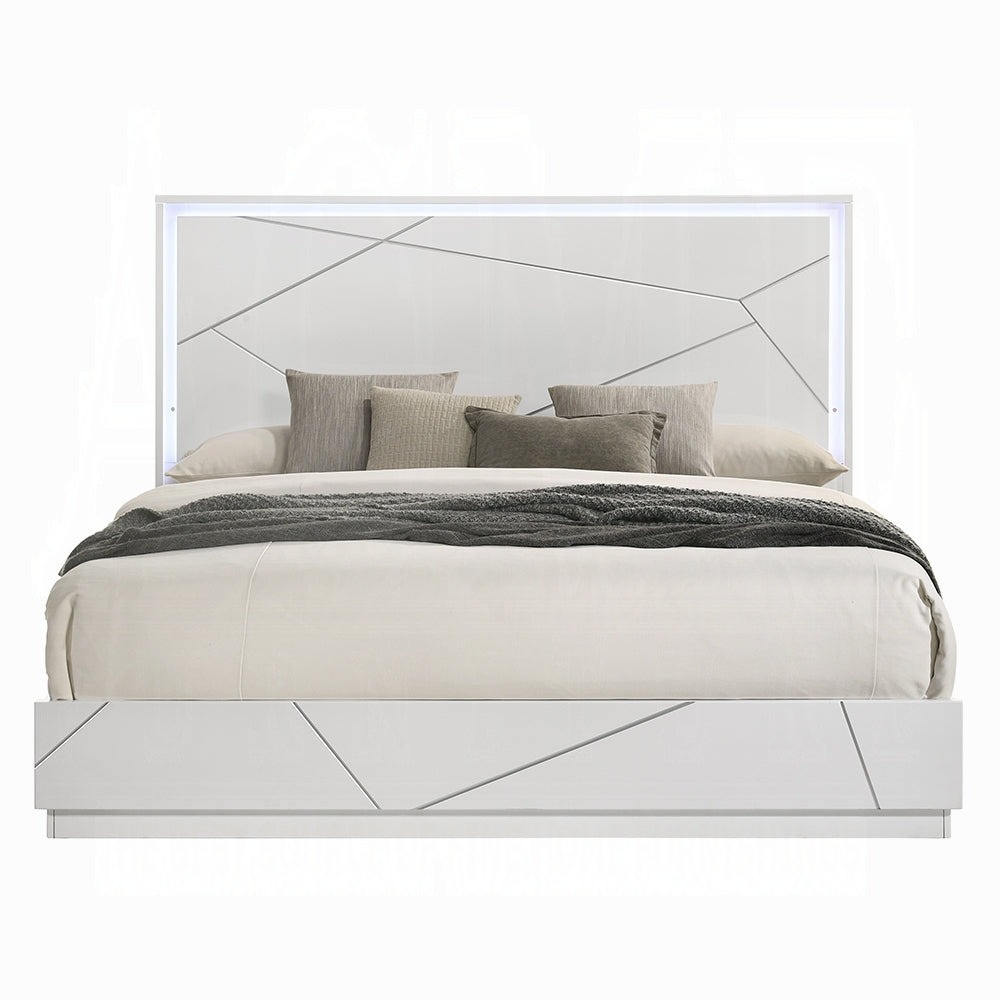 Contemporary white LED queen bed featuring sleek geometric lines and soft lighting on the headboard, ideal for modern interiors.