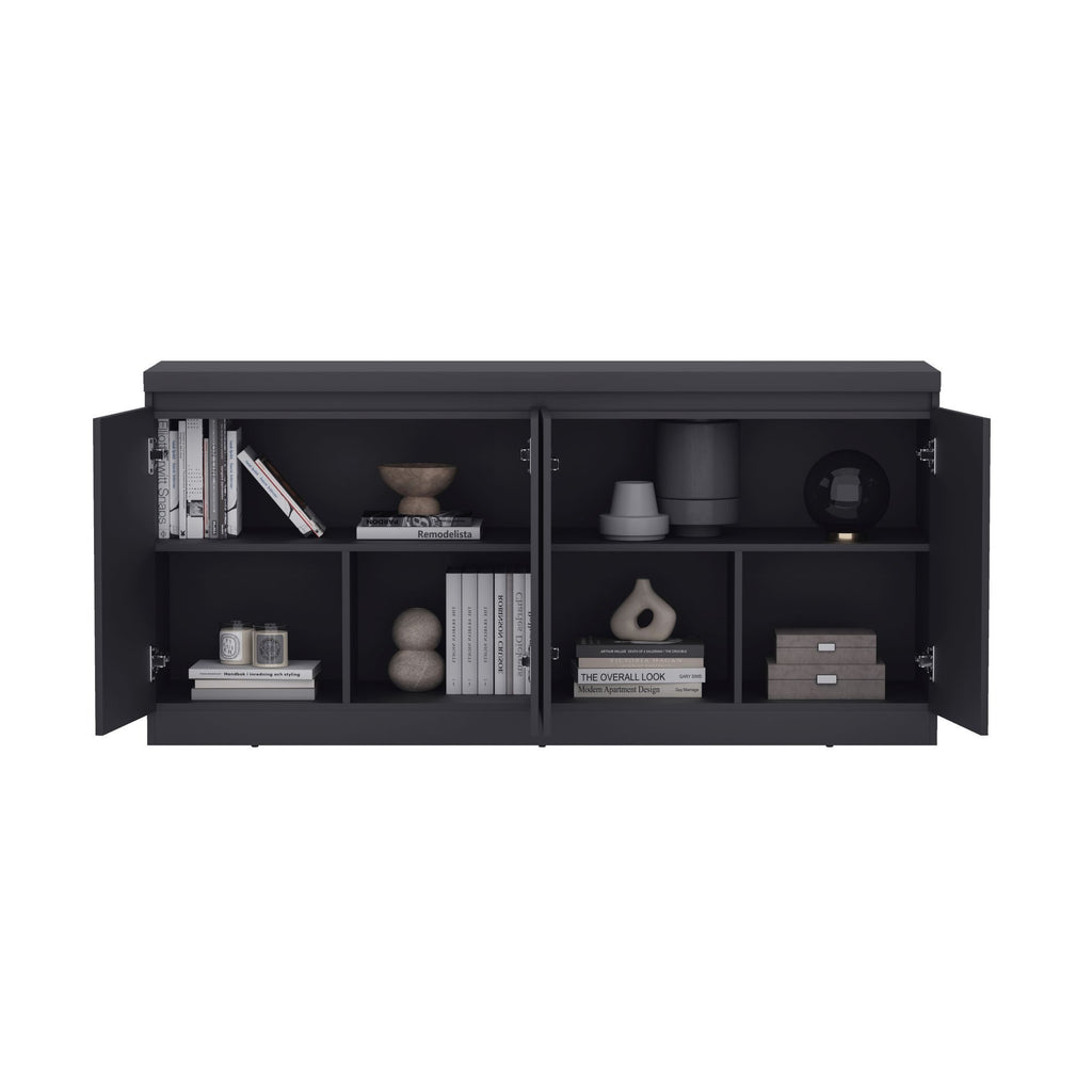 Open black sideboard 62" with shelves filled with books and decor. Functional and stylish storage for dining rooms or living spaces.