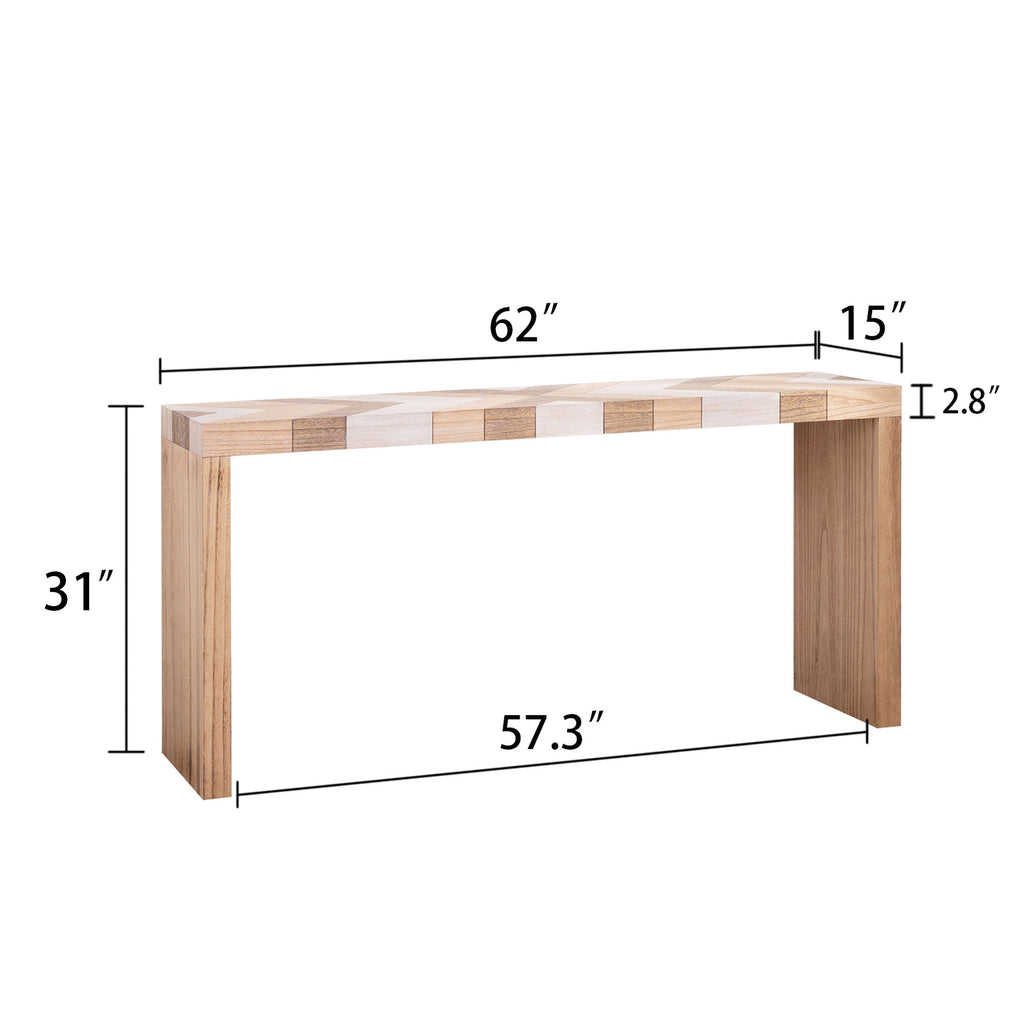 Dimensions of modern console table with chevron pattern: 62 inches long, 15 inches deep, and 31 inches high, made of engineered wood.