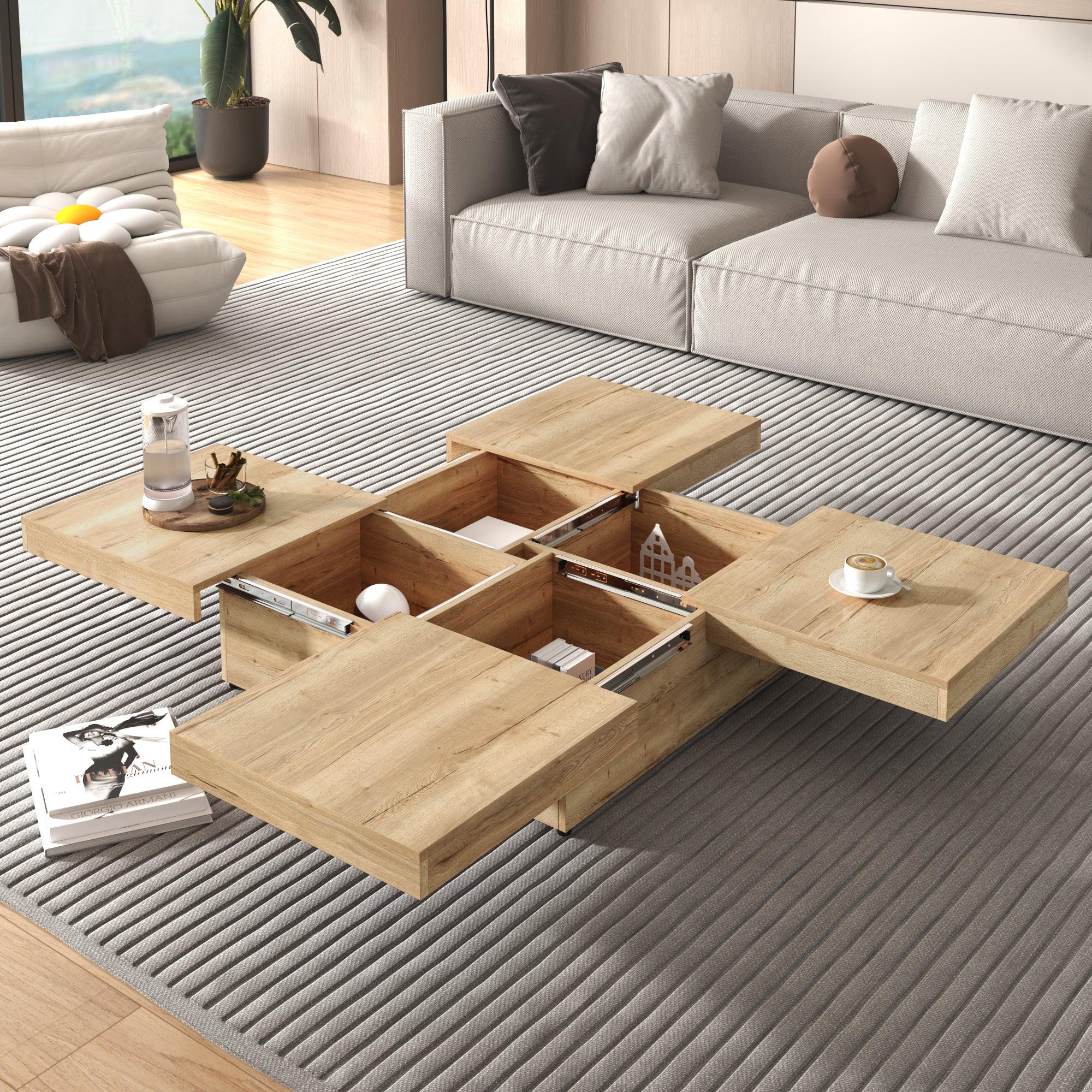 Sliding Top Coffee Table with Storage in Natural Wood Grain.