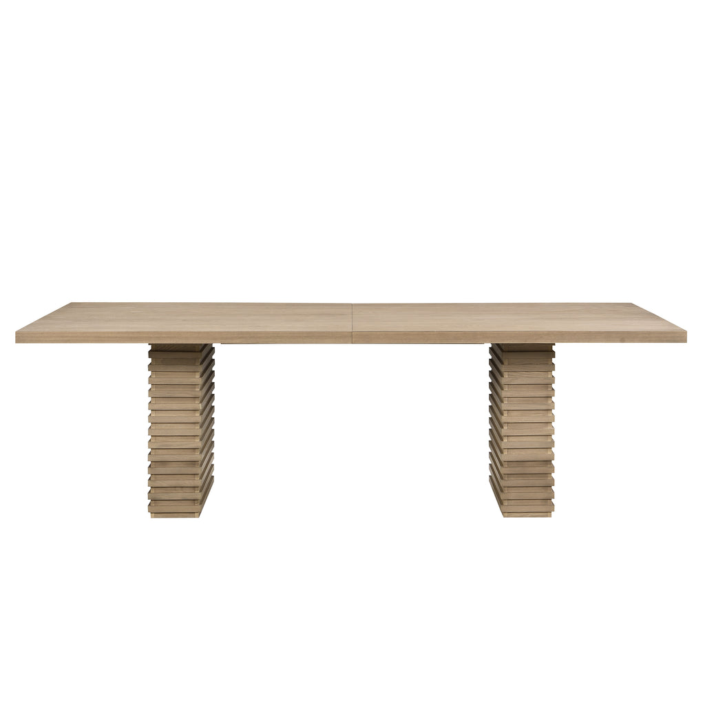 Front view of 95 inch dining table in light ash finish with symmetrical pedestal legs, perfect for seating 8 guests.