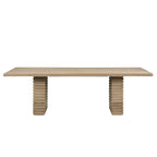 Front view of 95 inch dining table in light ash finish with symmetrical pedestal legs, perfect for seating 8 guests.