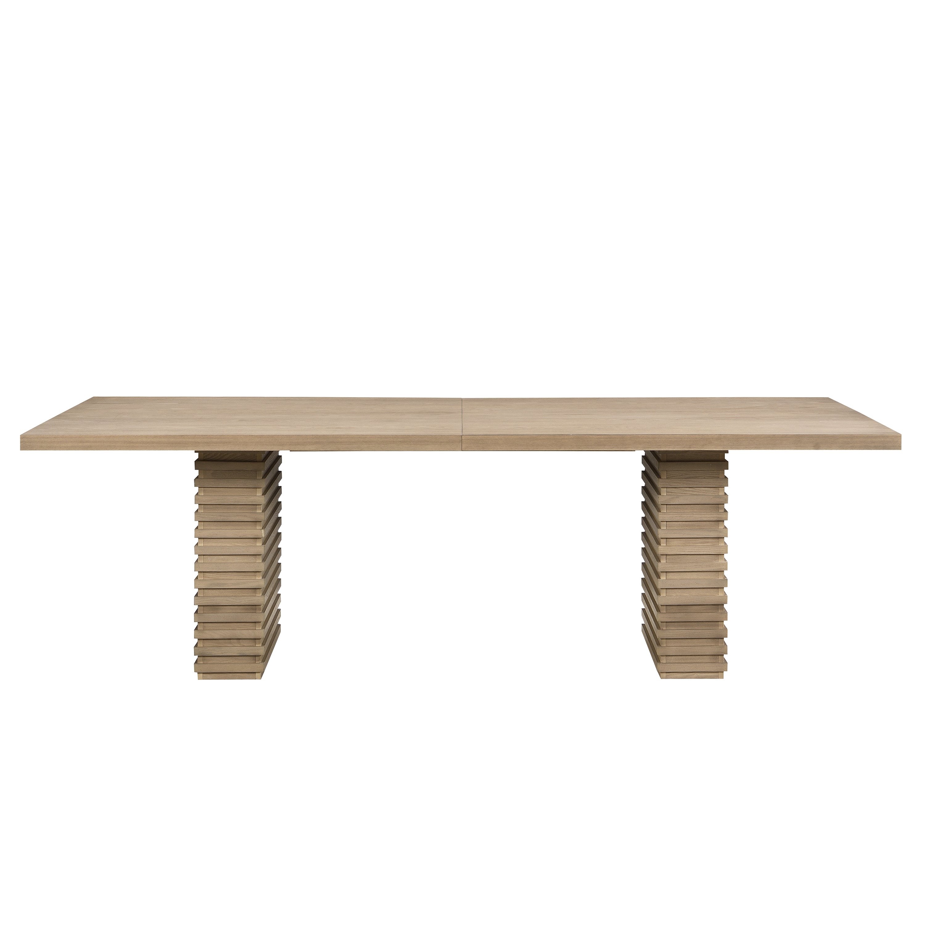 Front view of 95 inch dining table in light ash finish with symmetrical pedestal legs, perfect for seating 8 guests.