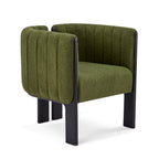 Angled view of a modern dining chair featuring olive green upholstery and a sturdy black rubber wood frame for modern interiors.