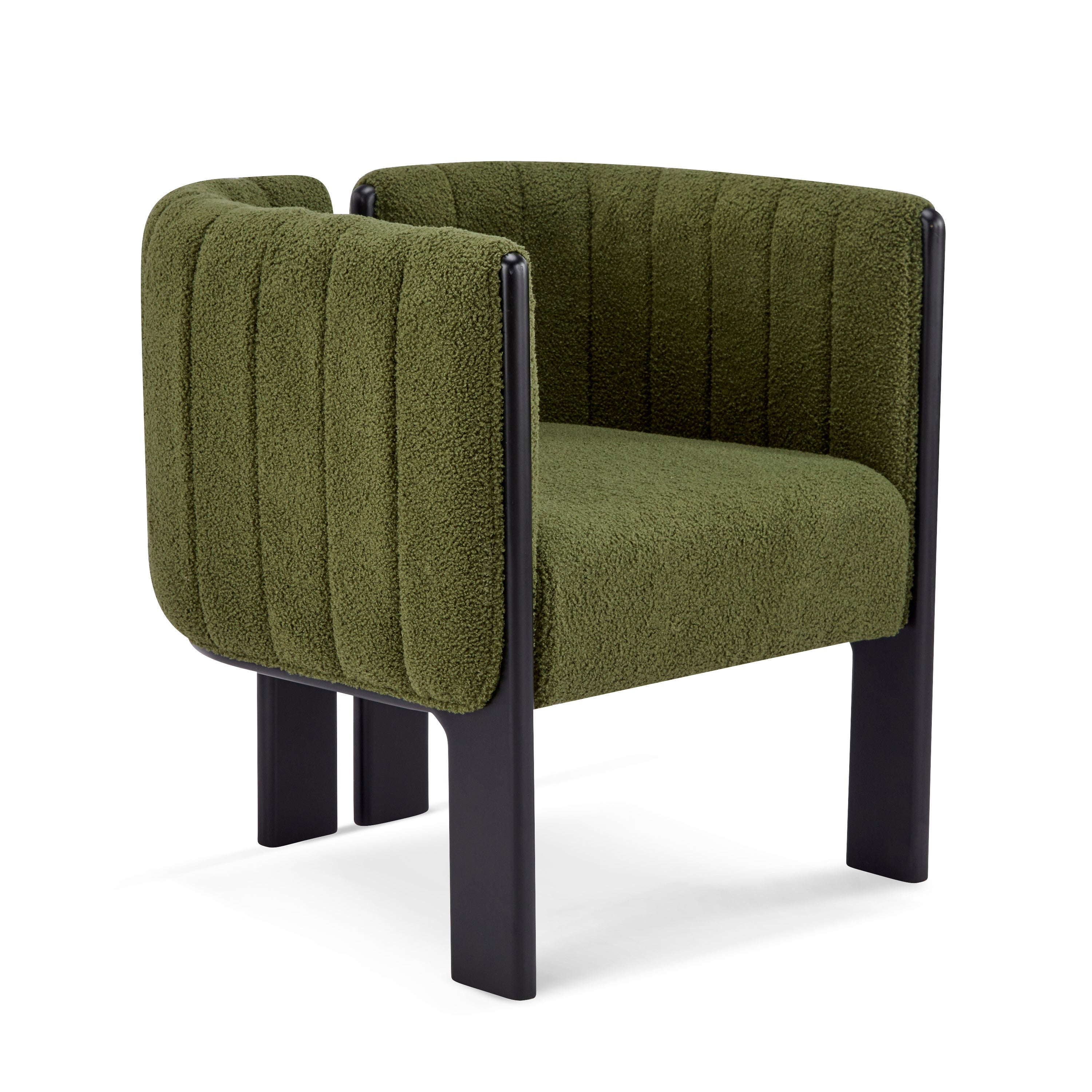 Angled view of a modern dining chair featuring olive green upholstery and a sturdy black rubber wood frame for modern interiors.