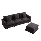 Dark modular sofa with separate ottoman, arranged in a customizable L-shape with 3 cushions and 4 pillows, ideal for flexible seating solutions.