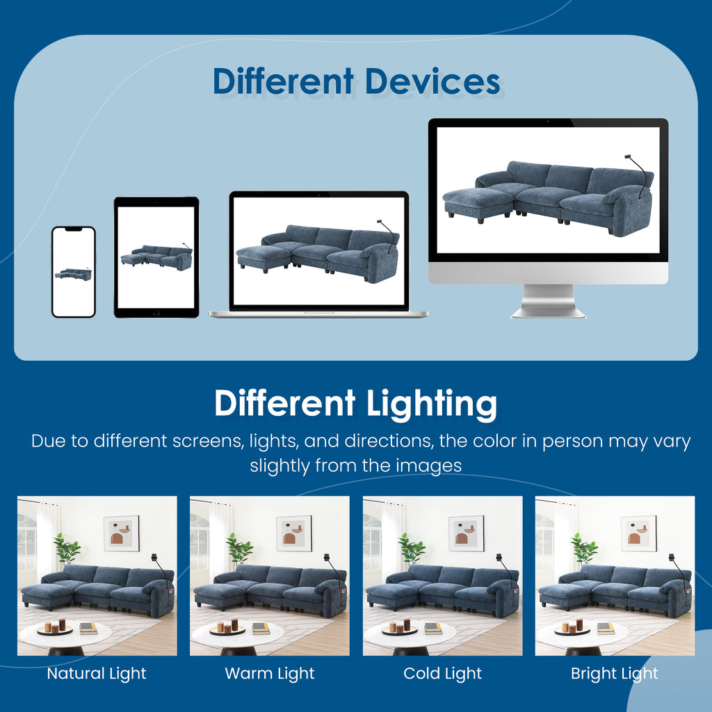 Modular sofa displayed on various devices and lighting conditions, showing color variations for accurate online shopping.