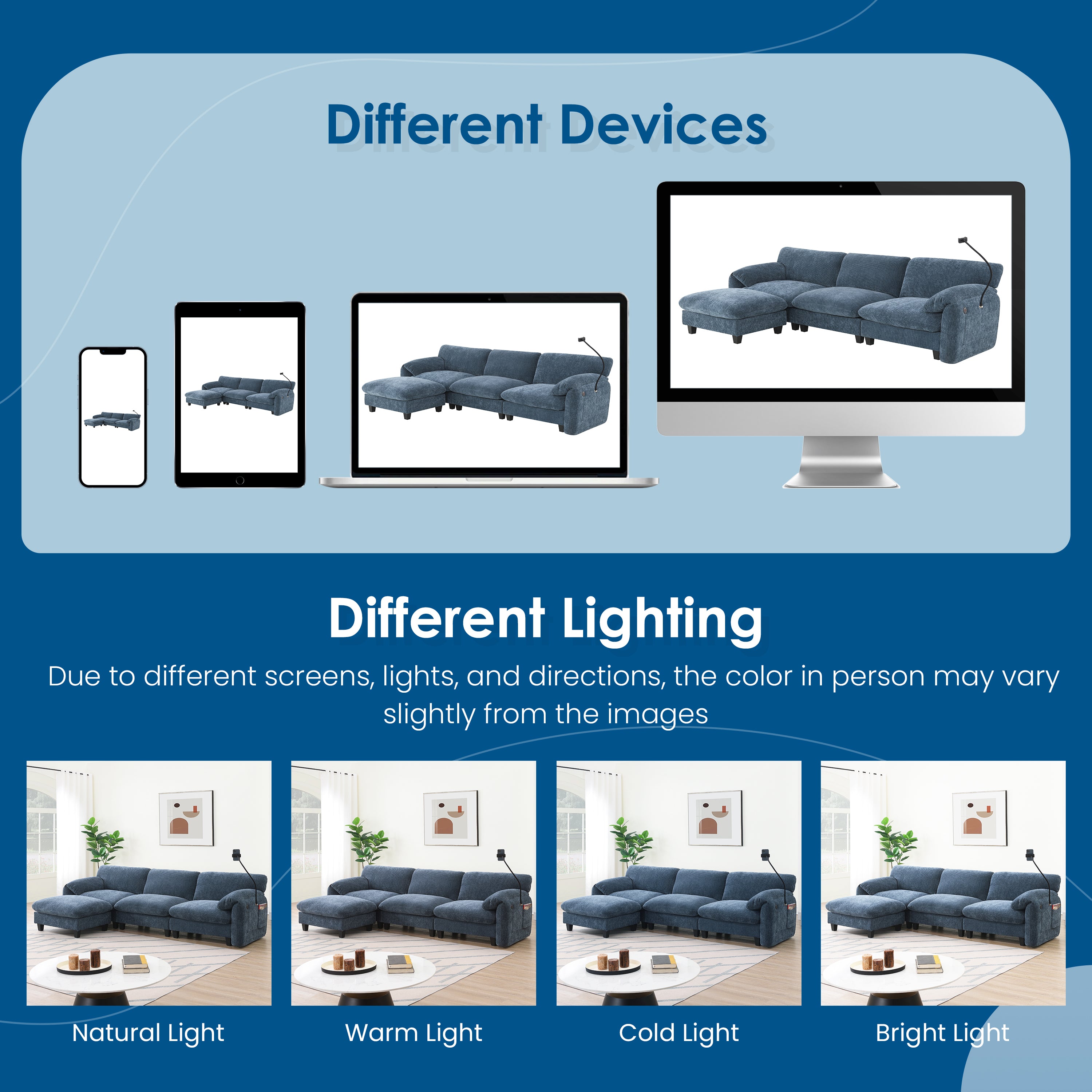 Modular sofa displayed on various devices and lighting conditions, showing color variations for accurate online shopping.