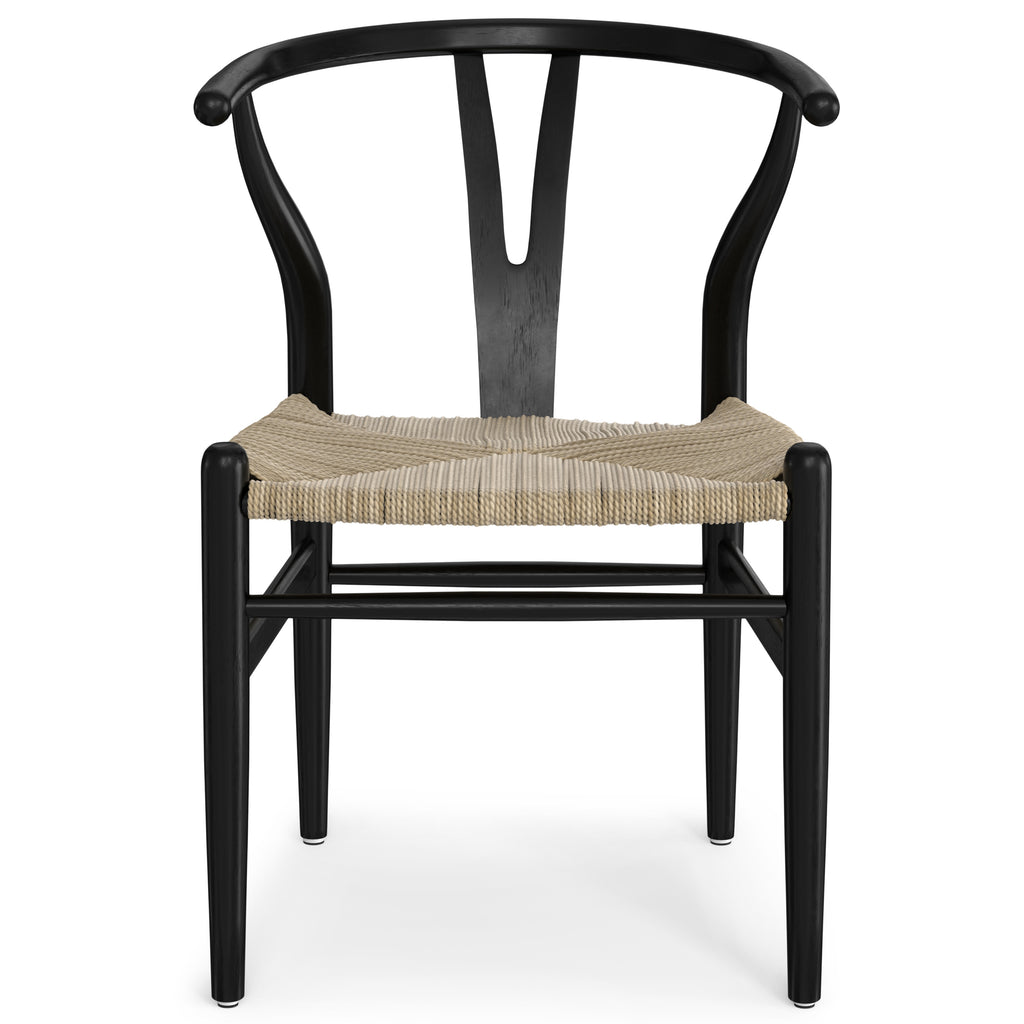 Front view of matte black beech wood dining chair showcasing Y-back support and woven seat from the set of 2.