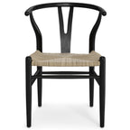 Front view of matte black beech wood dining chair showcasing Y-back support and woven seat from the set of 2.