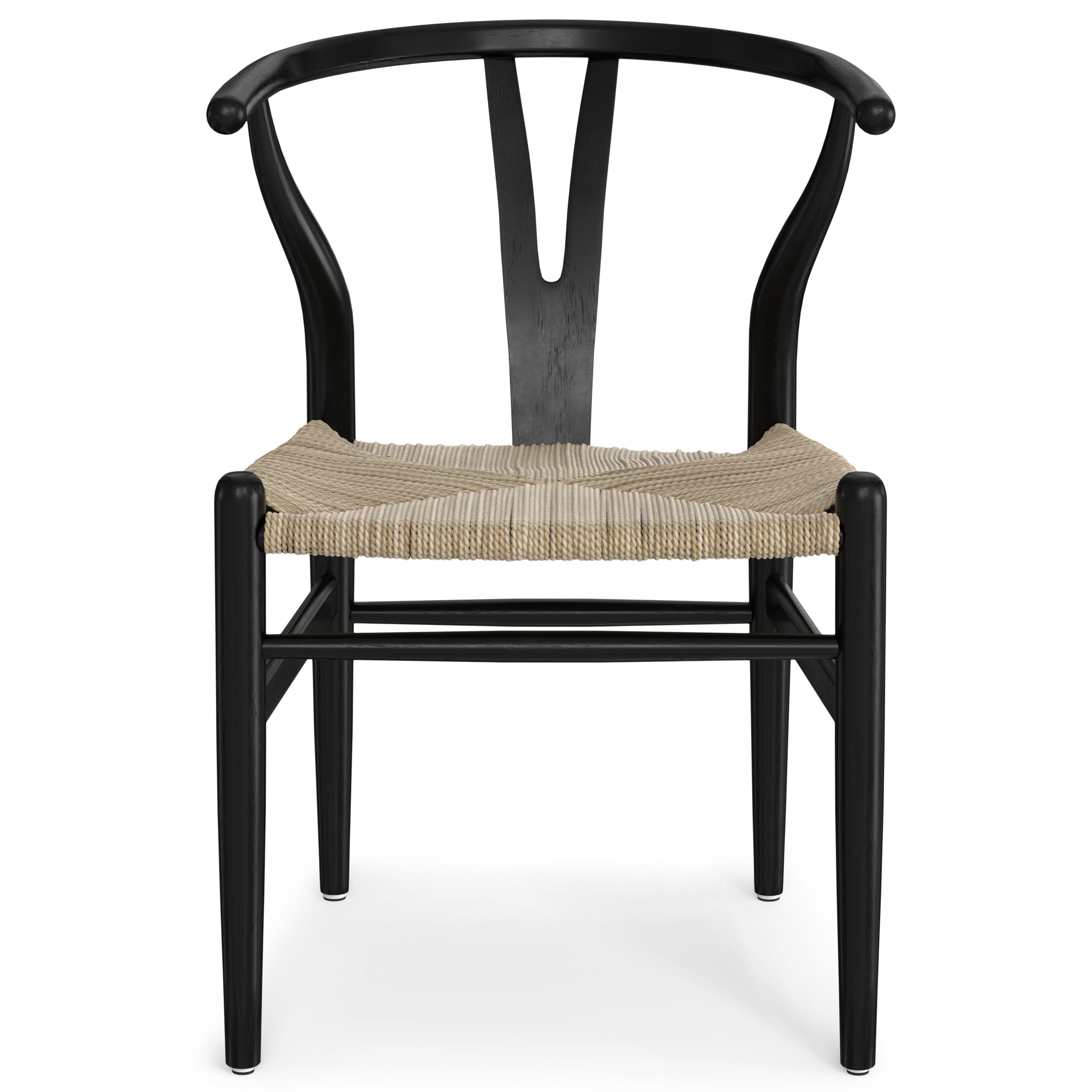 Front view of matte black beech wood dining chair showcasing Y-back support and woven seat from the set of 2.