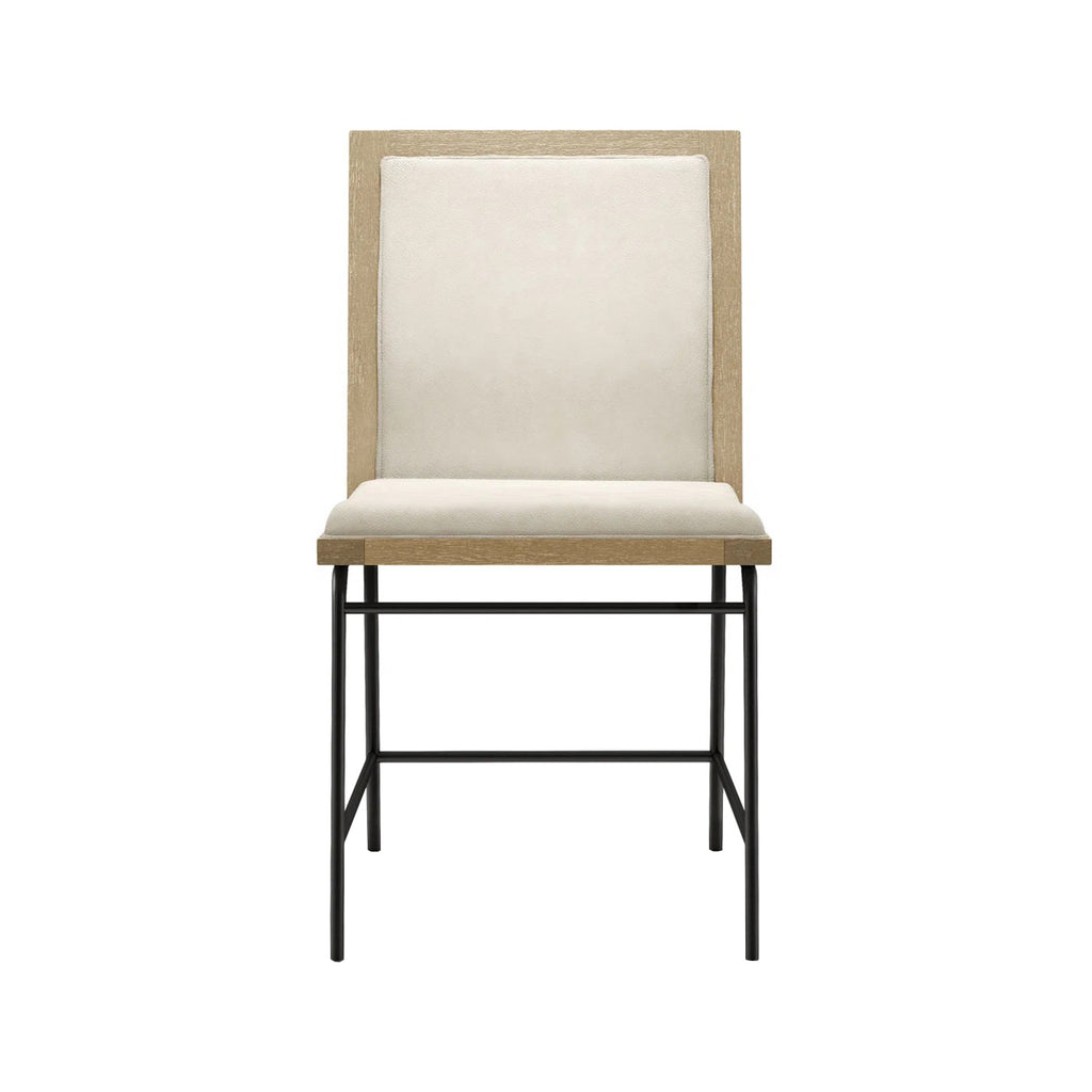 Front view of oak fabric dining chair with padded upholstery and minimalist black metal legs, perfect for contemporary dining spaces.