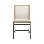 Front view of oak fabric dining chair with padded upholstery and minimalist black metal legs, perfect for contemporary dining spaces.