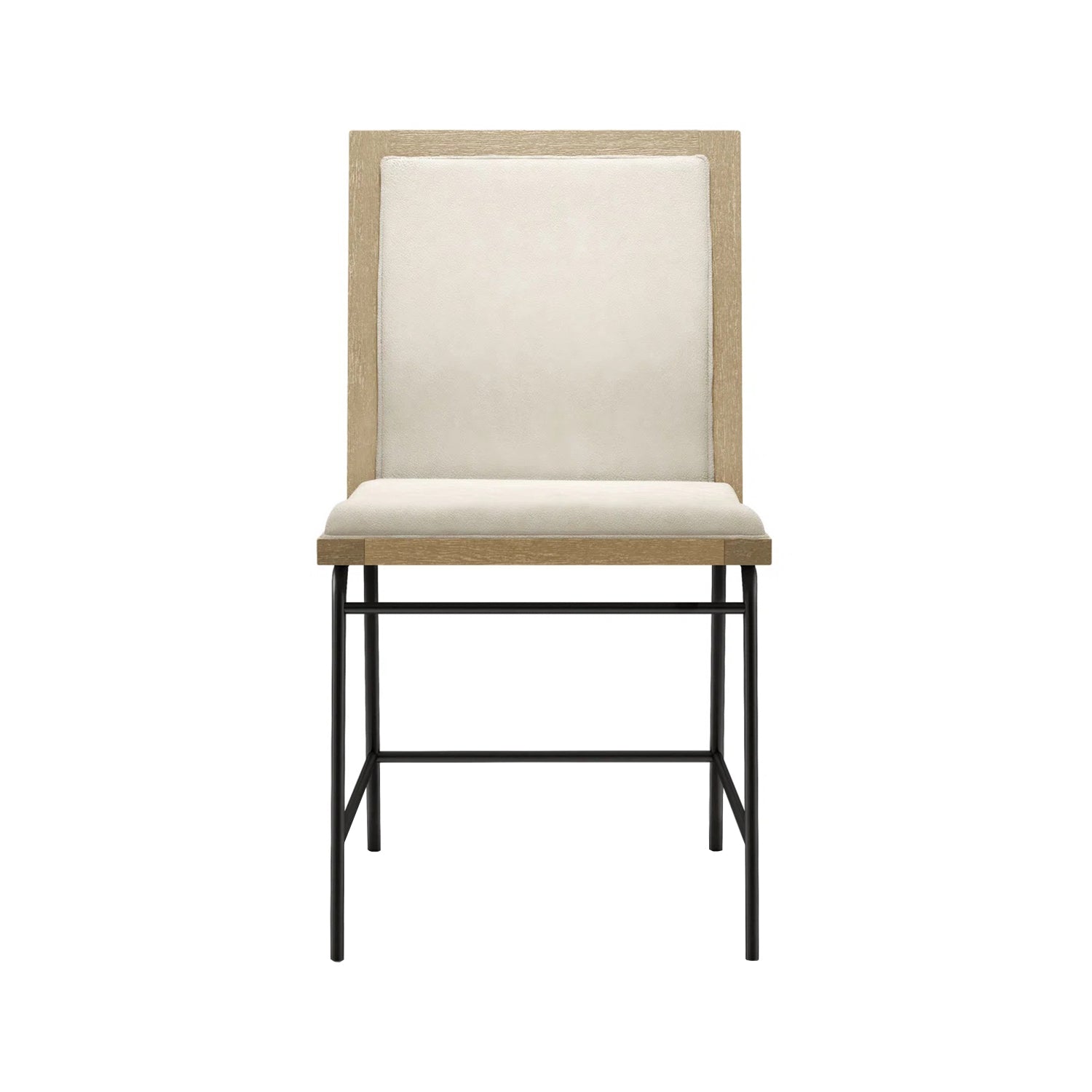 Front view of oak fabric dining chair with padded upholstery and minimalist black metal legs, perfect for contemporary dining spaces.