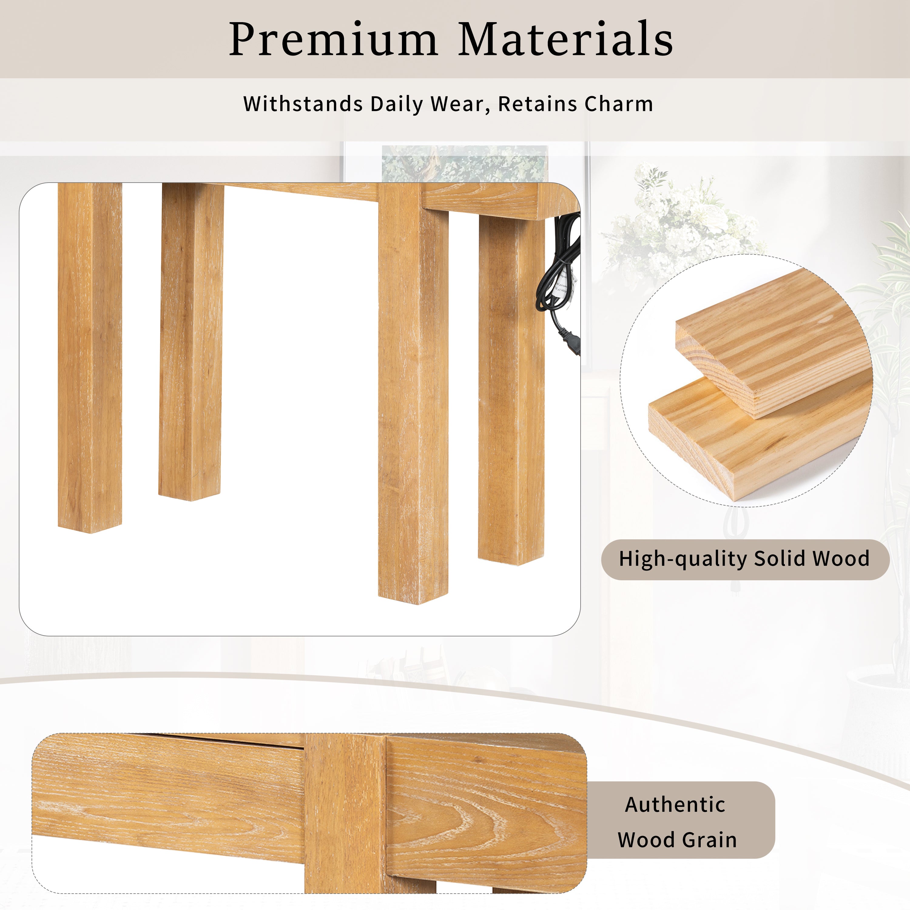 Close-up of rustic wood console table showing solid wood construction and authentic wood grain. Built to withstand daily use.