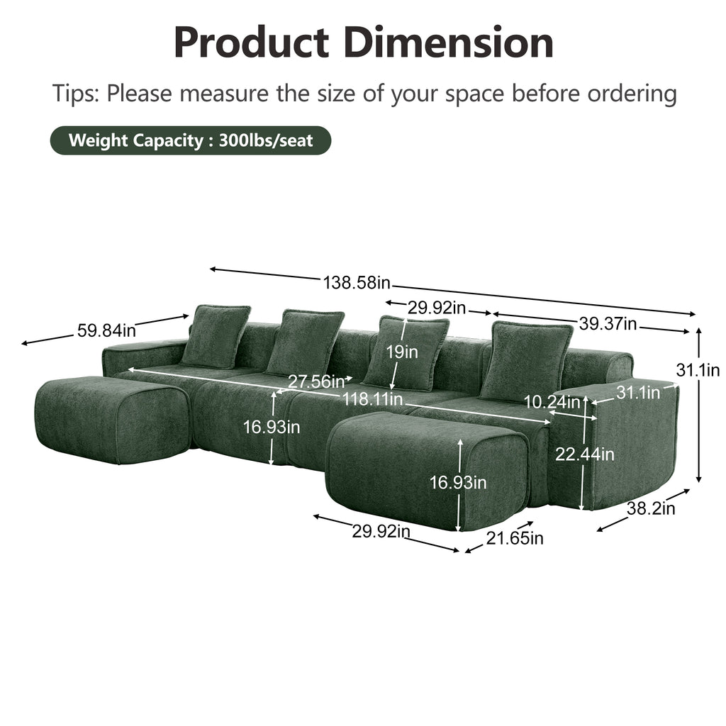Product dimensions of the Modular Green Velvet Sofa with ottomans, showing seat height, width, and depth for accurate space planning.
