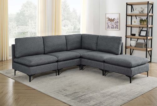 Dark gray linen modular sectional sofa featuring plush cushions and sleek black metal legs in a modern living room.