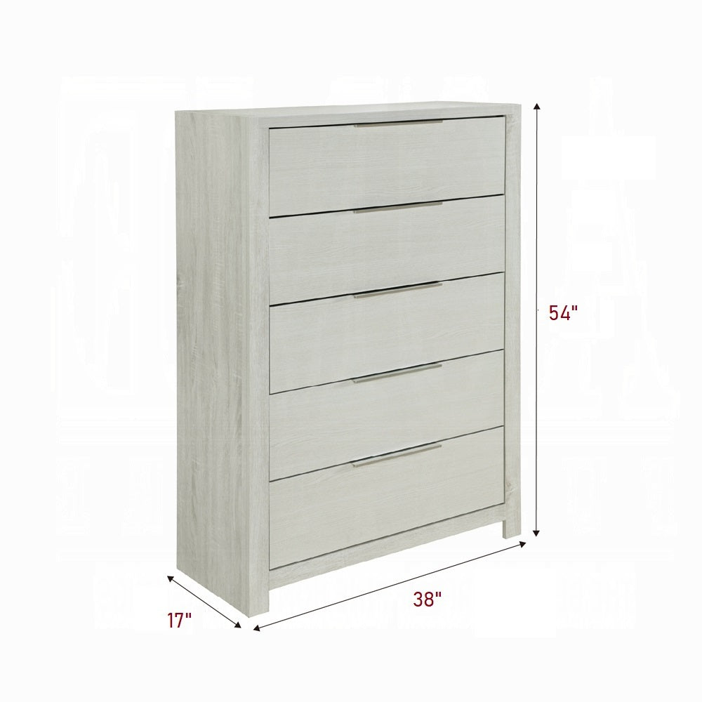 Modern beige 5-drawer storage chest with dimensions 54 inches high, 38 inches wide, and 17 inches deep, perfect for bedrooms.