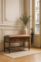 Solid Wood Bamboo Carved Storage Bench,Leather,2-Drawer,1-Shelf