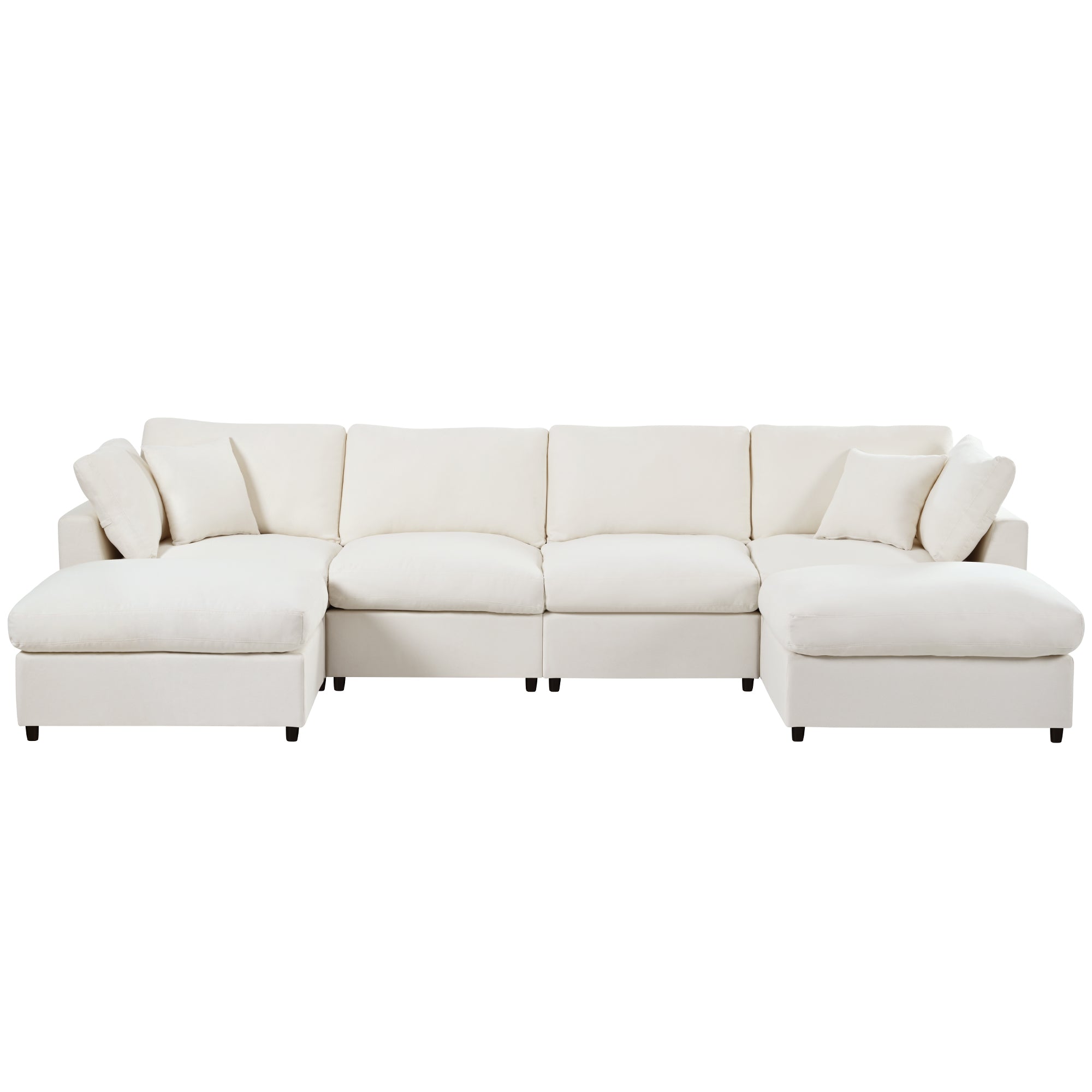 Studio shot of U_STYLE U-shaped sectional sofa with 2 ottomans, showcasing its clean lines and plush cushions in white fabric.