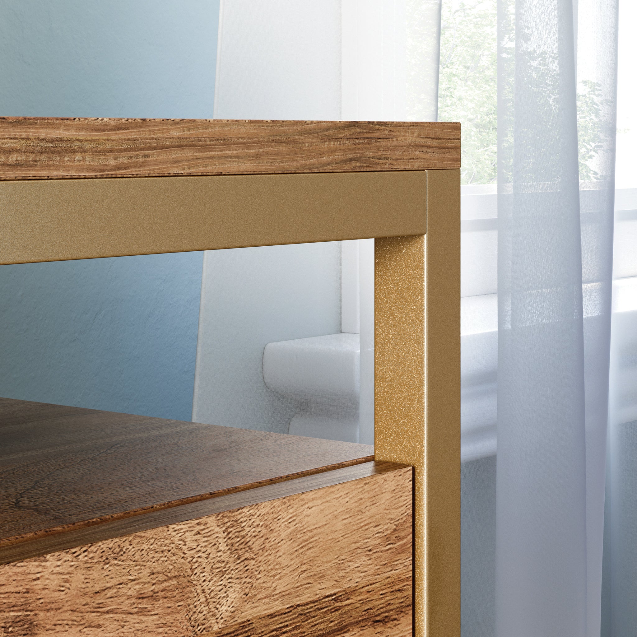 Detail of upper corner and gold frame on brown lateral file cabinet, emphasizing sleek, contemporary office furniture design.