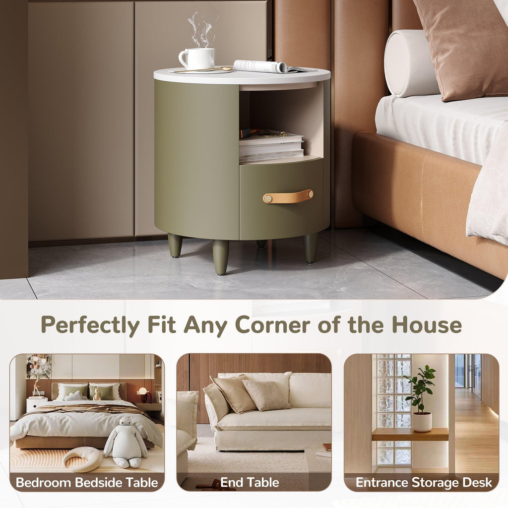 Modern Round Nightstand with Storage Drawer & Shelf.