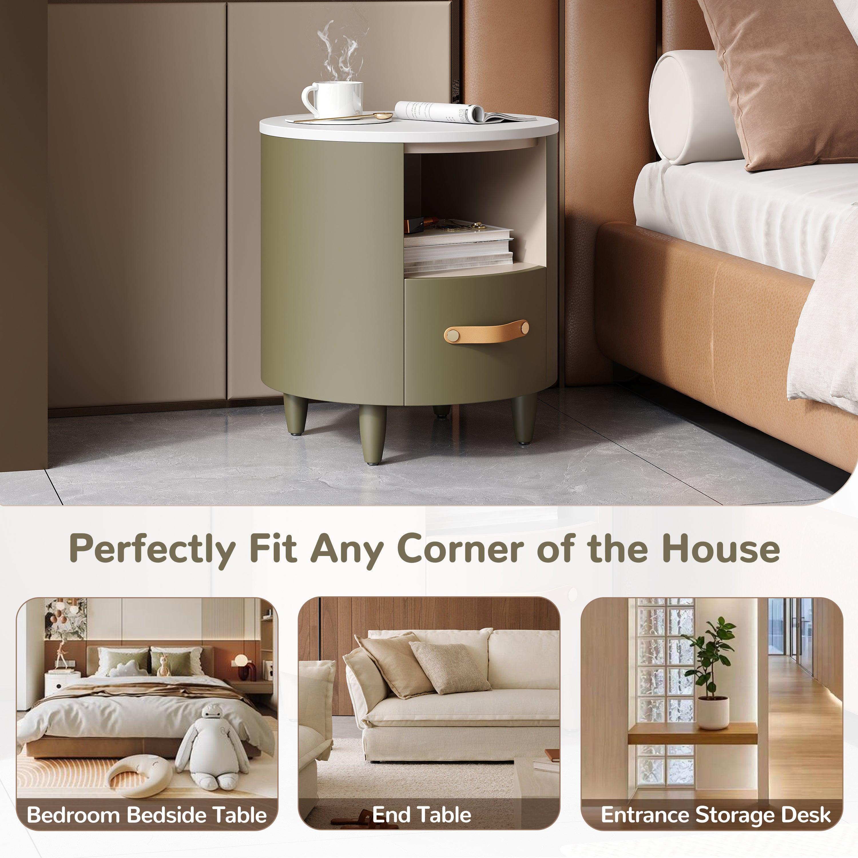 Modern Round Nightstand with Storage Drawer & Shelf.