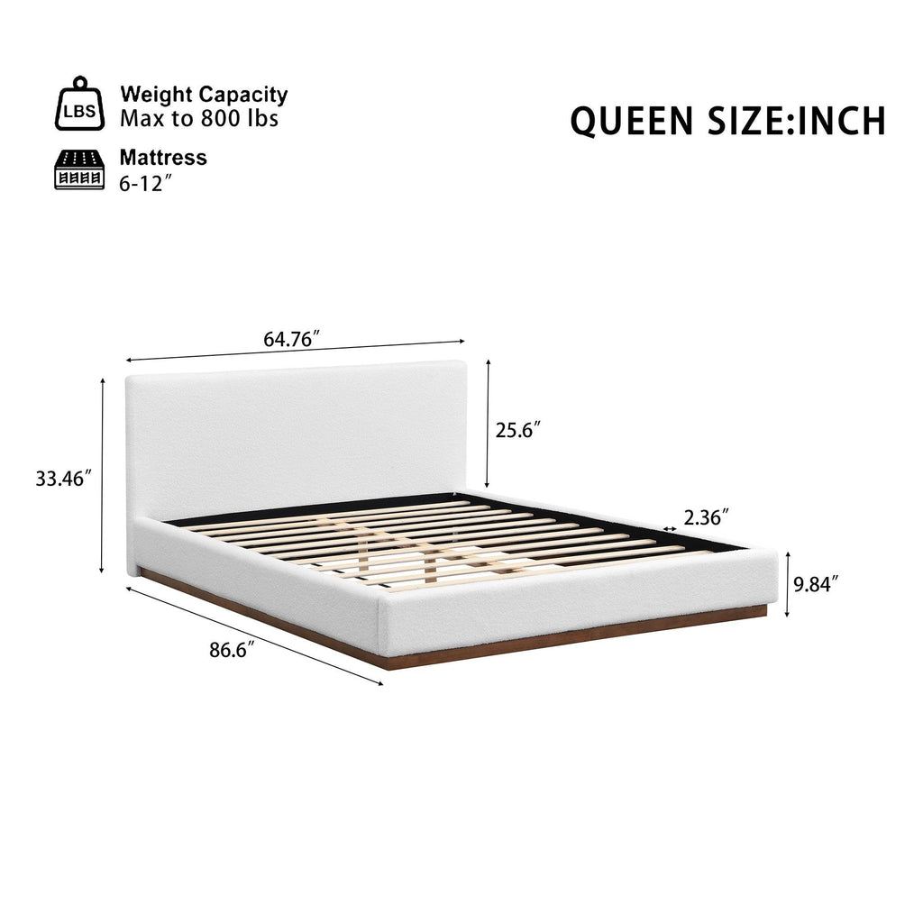 White Boucle Upholstered Bed - Queen Size with Solid Wood Frame.
